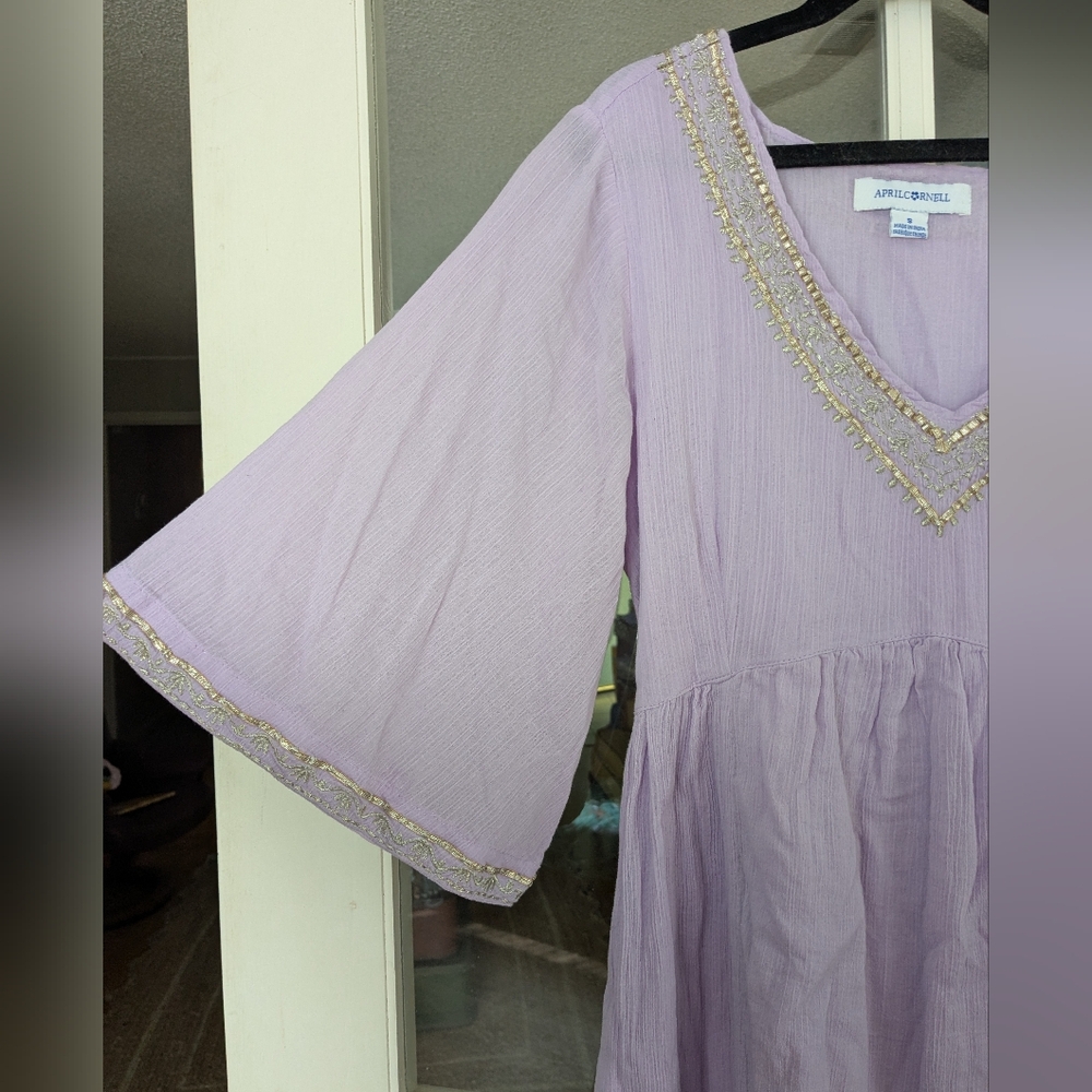 April Cornell Lavender V Neck Cotton Maxi Dress With Gold Embroidery Size Small - Picture 4 of 7